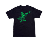Black cotton tee, back view, crow illustration printed in green