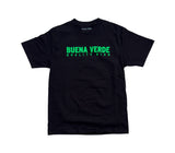 Black cotton tee, front view, green chest print